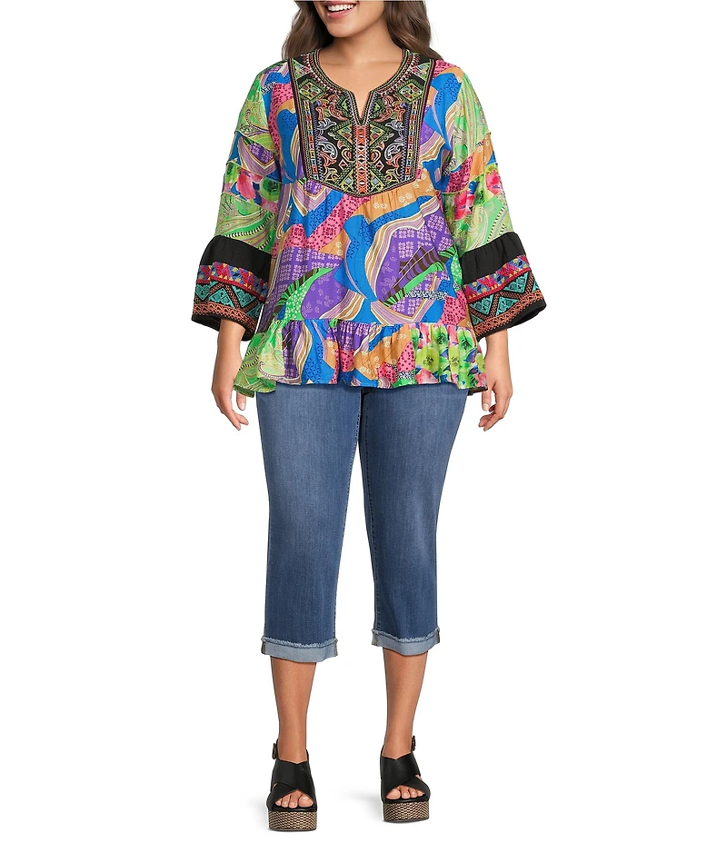 Calessa Plus Size Woven Embroidered Patchwork Split V-Neck 3/4 Bell Sleeve Tunic