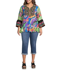 Calessa Plus Size Woven Embroidered Patchwork Split V-Neck 3/4 Bell Sleeve Tunic