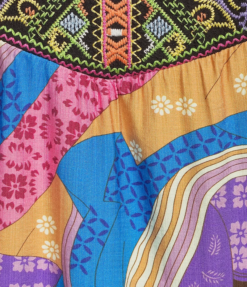 Calessa Plus Size Woven Embroidered Patchwork Split V-Neck 3/4 Bell Sleeve Tunic