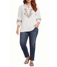 Calessa Plus Size Woven Embroidered Patchwork Stand Split V-Neck 3/4 Sleeve Tunic