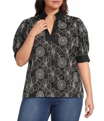 Calessa Plus Size Woven Embroidered Split Neck Band Elbow Puff Sleeve Tunic