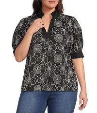 Calessa Plus Size Woven Embroidered Split Neck Band Elbow Puff Sleeve Tunic