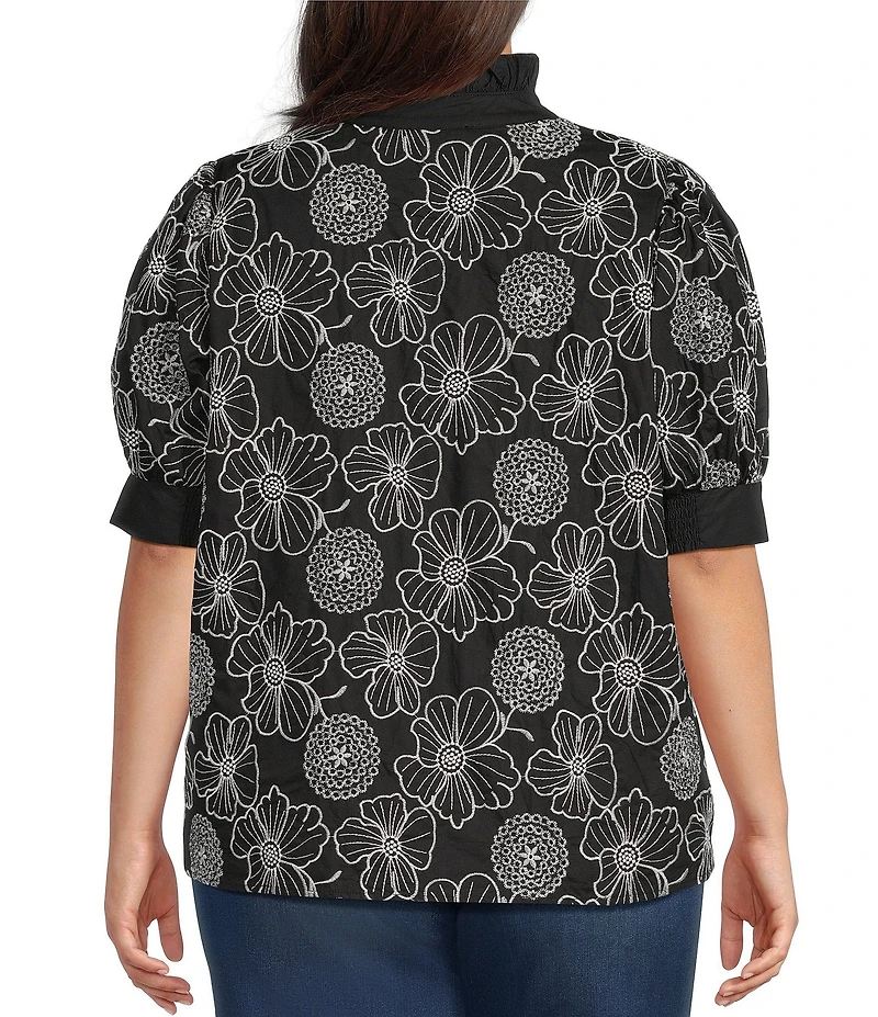Calessa Plus Size Woven Embroidered Split Neck Band Elbow Puff Sleeve Tunic