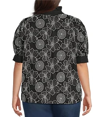 Calessa Plus Size Woven Embroidered Split Neck Band Elbow Puff Sleeve Tunic