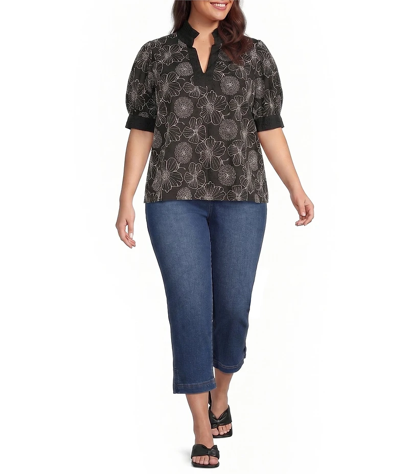 Calessa Plus Size Woven Embroidered Split Neck Band Elbow Puff Sleeve Tunic