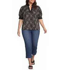Calessa Plus Size Woven Embroidered Split Neck Band Elbow Puff Sleeve Tunic