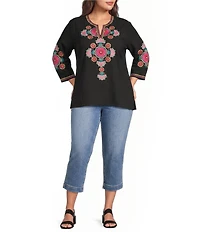 Calessa Plus Size Woven Embroidered Split Round V-Neck 3/4 Sleeve Tunic