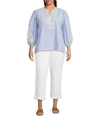 Calessa Plus Size Woven Embroidered Split V-Neck 3/4 Sleeve Tunic