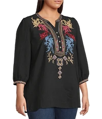 Calessa Plus Size Woven Embroidered Split V-Neck 3/4 Sleeve Tunic
