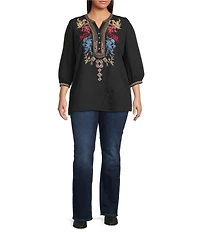 Calessa Plus Size Woven Embroidered Split V-Neck 3/4 Sleeve Tunic