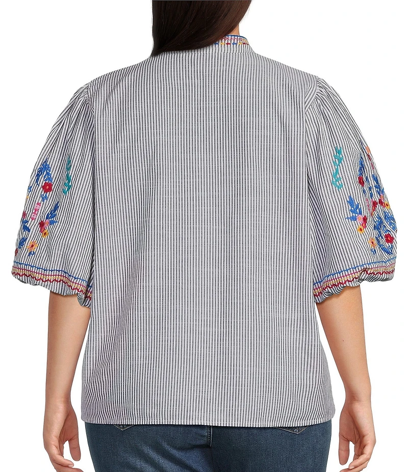 Calessa Plus Size Woven Embroidered Split V-Neck Elbow Length Balloon Sleeve Tunic