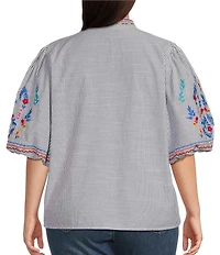 Calessa Plus Size Woven Embroidered Split V-Neck Elbow Length Balloon Sleeve Tunic