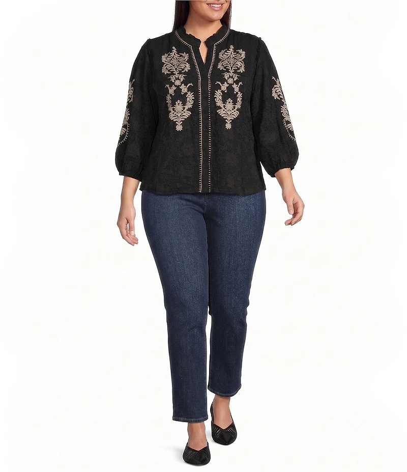 Calessa Plus Size Woven Embroidered Split V-Neck Elbow Length Sleeve Top