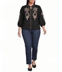 Calessa Plus Size Woven Embroidered Split V-Neck Elbow Length Sleeve Top