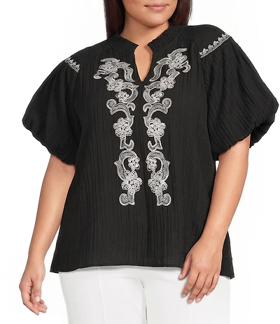 Calessa Plus Size Woven Embroidered Split V-Neck Elbow Sleeve Tunic