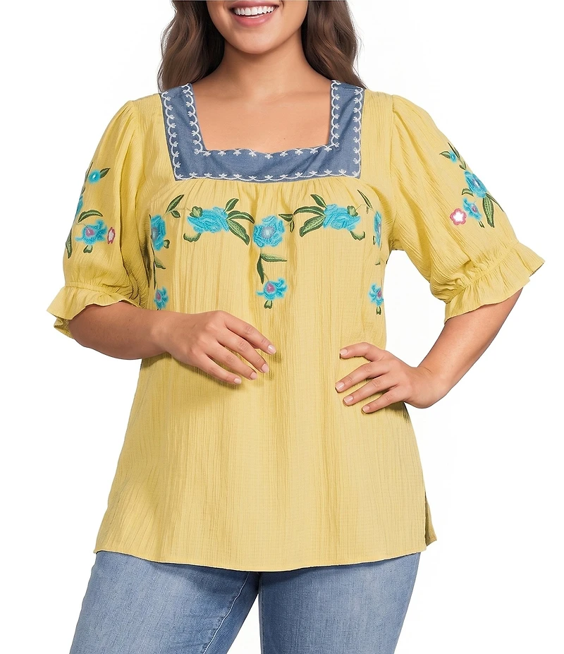 Calessa Plus Size Woven Embroidered Square Neck Short Sleeve Tunic