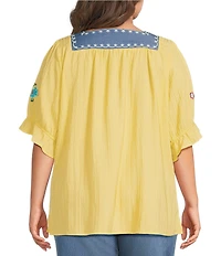 Calessa Plus Size Woven Embroidered Square Neck Short Sleeve Tunic