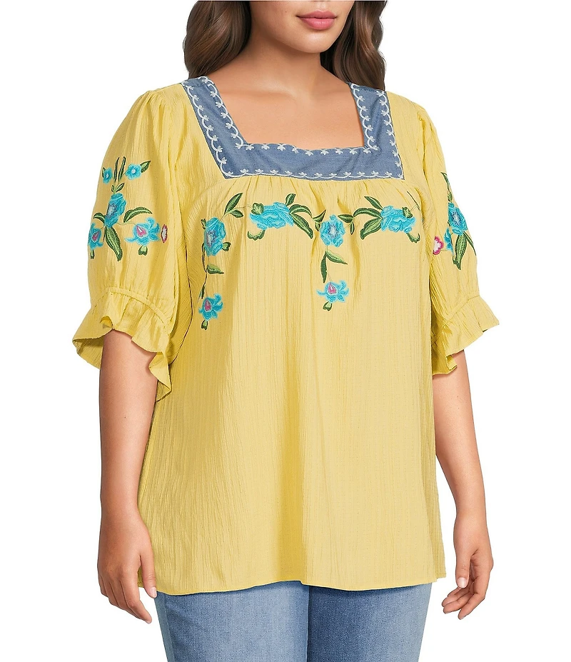 Calessa Plus Size Woven Embroidered Square Neck Short Sleeve Tunic