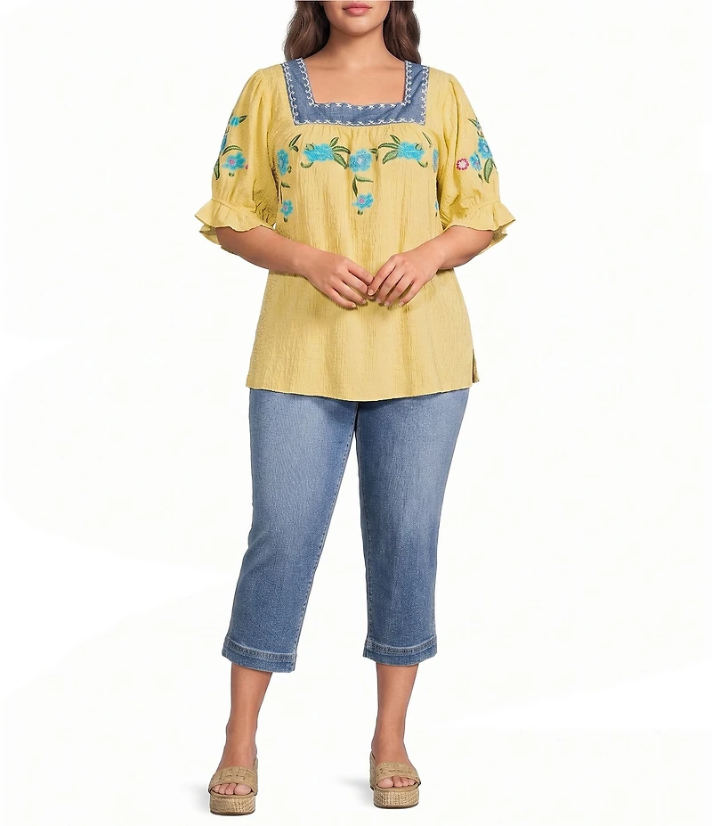 Calessa Plus Size Woven Embroidered Square Neck Short Sleeve Tunic