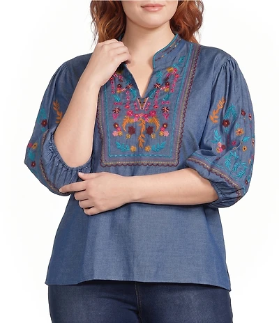 Calessa Plus Size Woven Embroidered Stand Split V-Neck Elbow Puff Sleeve Top