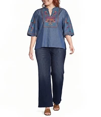 Calessa Plus Size Woven Embroidered Stand Split V-Neck Elbow Puff Sleeve Top
