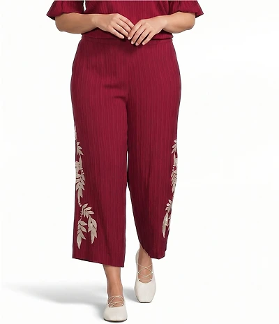 Calessa Plus Size Woven Embroidered Trim Wide Leg Pull-On Pants