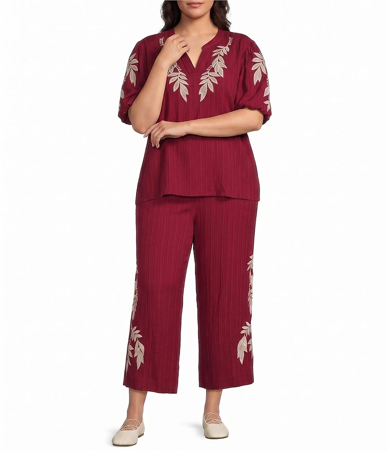 Calessa Plus Size Woven Embroidered Trim Wide Leg Pull-On Pants