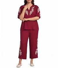 Calessa Plus Size Woven Embroidered Trim Wide Leg Pull-On Pants
