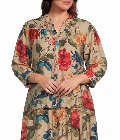 Calessa Plus Size Woven Floral Split V-Neck 3/4 Sleeve Button Front Coordinating Blouse