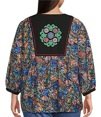 Calessa Plus Size Woven Geometric Retro Round Split Neck 3/4 Sleeve Tunic