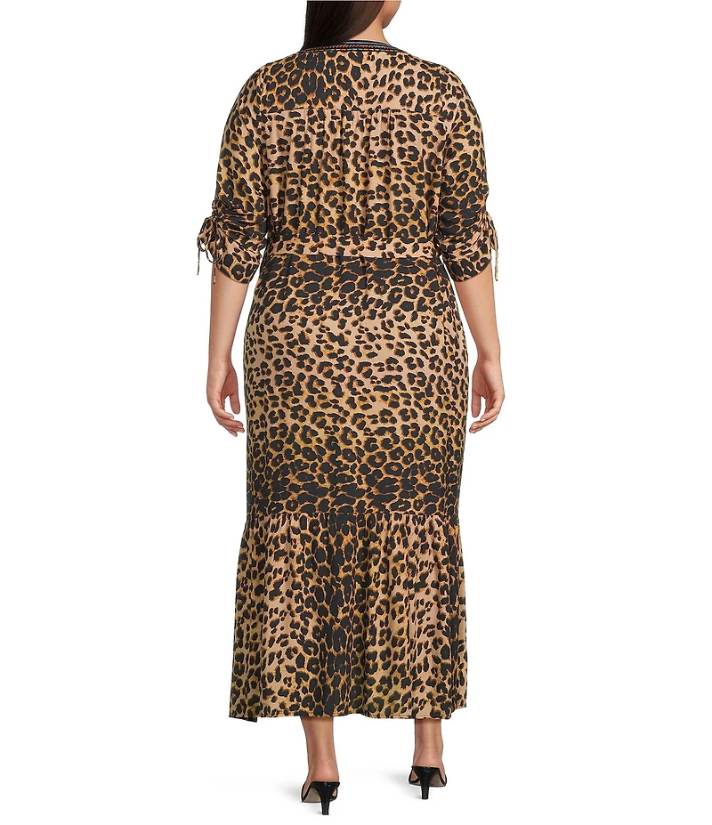 Calessa Plus Size Embroidered Bib Leopard Print 3/4 Sleeve Belted Button-Front Tiered Dress