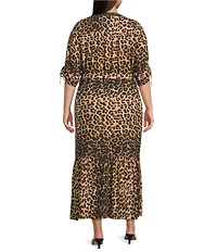 Calessa Plus Size Embroidered Bib Leopard Print 3/4 Sleeve Belted Button-Front Tiered Dress