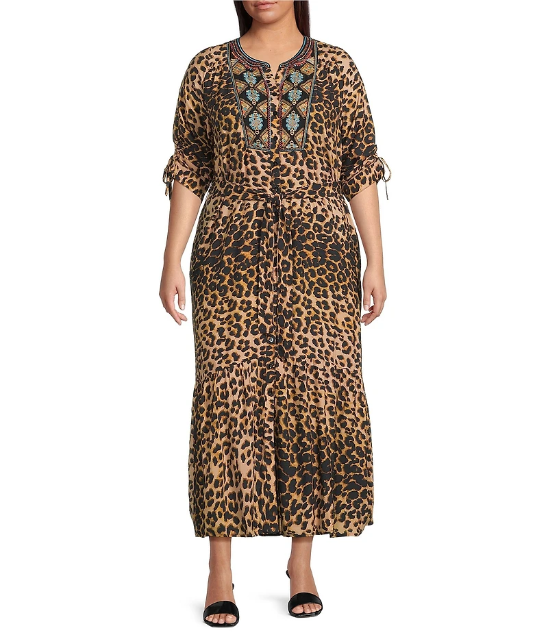 Calessa Plus Size Embroidered Bib Leopard Print 3/4 Sleeve Belted Button-Front Tiered Dress
