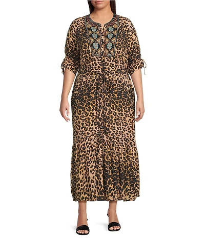 Calessa Plus Size Woven Leopard Floral Print Split V-Neck 3/4 Sleeve Tiered Midi Dress