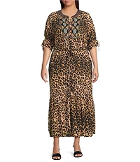 Calessa Plus Size Embroidered Bib Leopard Print 3/4 Sleeve Belted Button-Front Tiered Dress