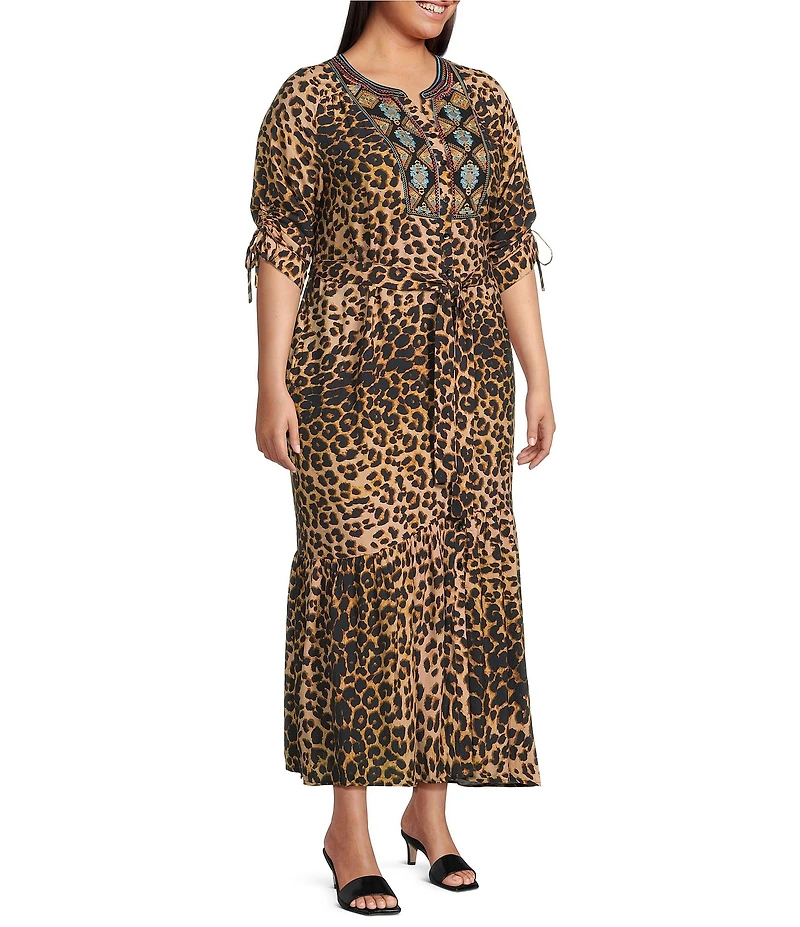 Calessa Plus Size Embroidered Bib Leopard Print 3/4 Sleeve Belted Button-Front Tiered Dress