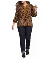 Calessa Plus Size Woven Leopard Print Embroidered Trim Split V-Neck 3/4 Sleeve Tunic