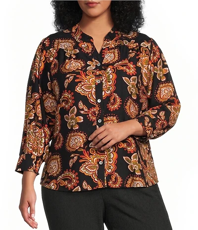 Calessa Plus Size Woven Mixed Floral Split V-Neck 3/4 Sleeve Button-Front Shirt