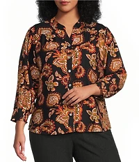 Calessa Plus Size Woven Mixed Floral Split V-Neck 3/4 Sleeve Button-Front Shirt