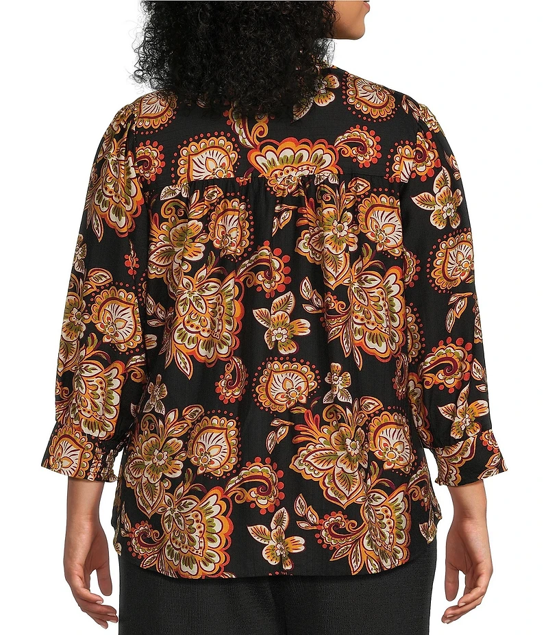 Calessa Plus Size Woven Mixed Floral Split V-Neck 3/4 Sleeve Button-Front Shirt