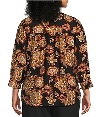 Calessa Plus Size Woven Mixed Floral Split V-Neck 3/4 Sleeve Button-Front Shirt