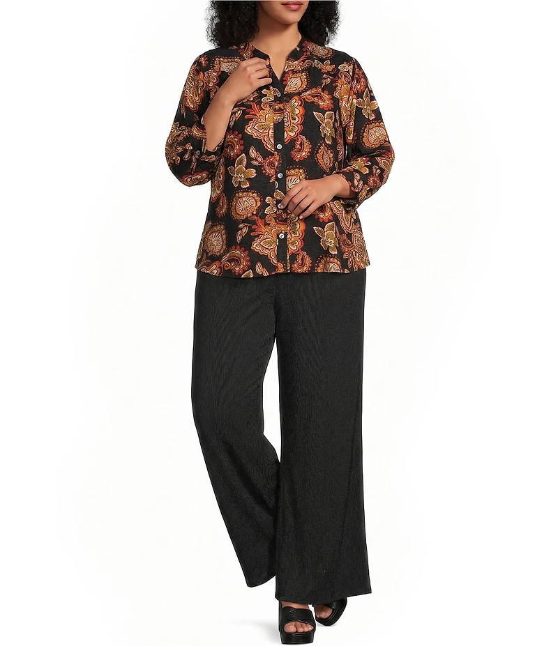 Calessa Plus Size Woven Mixed Floral Split V-Neck 3/4 Sleeve Button-Front Shirt