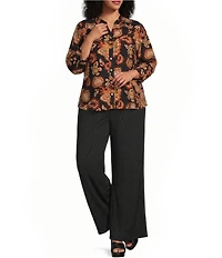 Calessa Plus Size Woven Mixed Floral Split V-Neck 3/4 Sleeve Button-Front Shirt