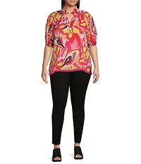 Calessa Plus Size Woven Modern Abstract Print Ruffled Split V-Neck Short Sleeve Tunic