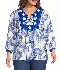 Calessa Plus Size Woven Mosaic Embroidered Split Round Neck Bracelet Sleeve Tunic