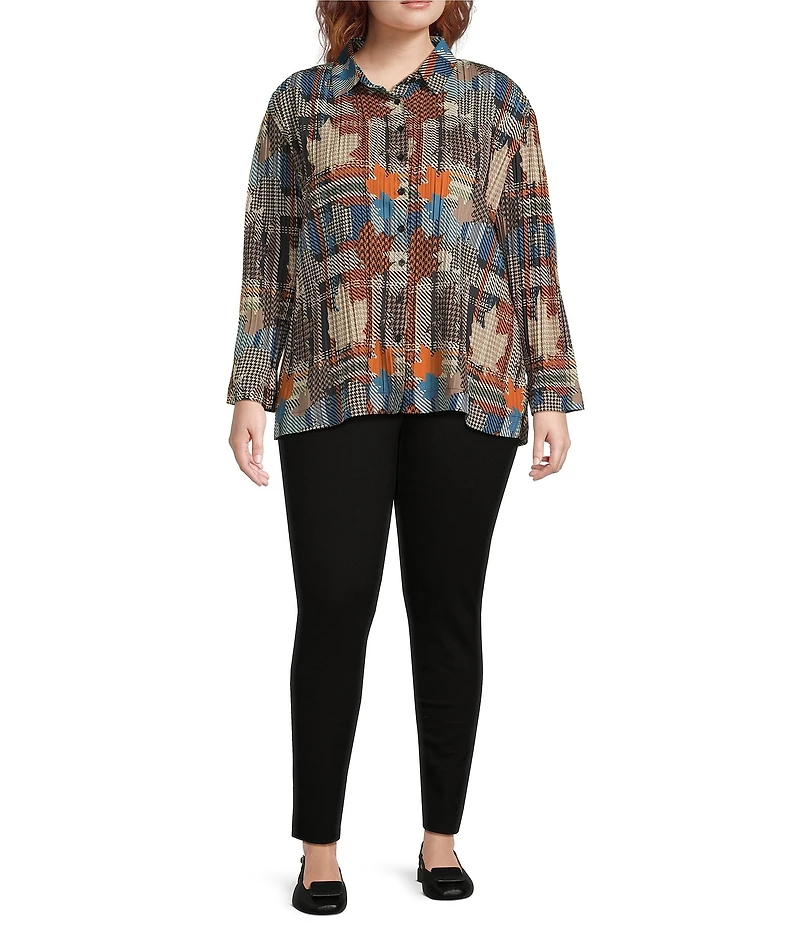 Calessa Plus Size Woven Patchwork Check Print Spread Collar Long Sleeve Button-Front Flute Pleat Tunic