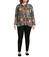 Calessa Plus Size Woven Patchwork Check Print Spread Collar Long Sleeve Button-Front Flute Pleat Tunic