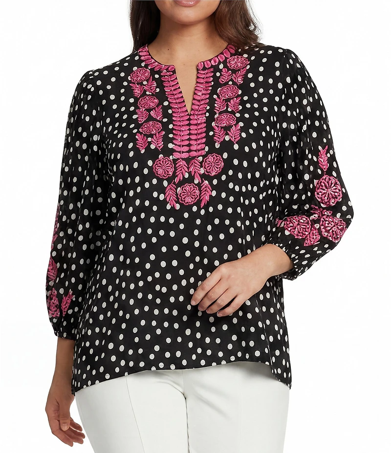 Calessa Plus Size Woven Polka Dot Embroidered Split V-Neck 3/4 Sleeve Tunic