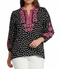 Calessa Plus Size Woven Polka Dot Embroidered Split V-Neck 3/4 Sleeve Tunic