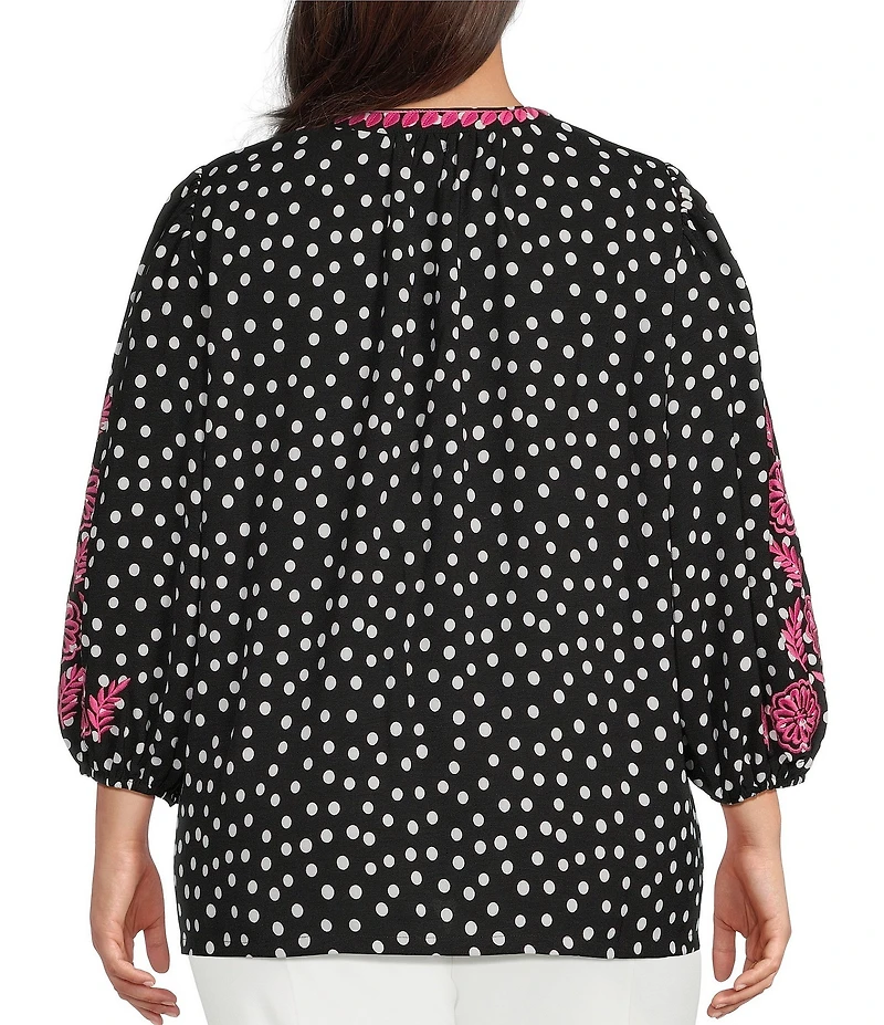Calessa Plus Size Woven Polka Dot Embroidered Split V-Neck 3/4 Sleeve Tunic